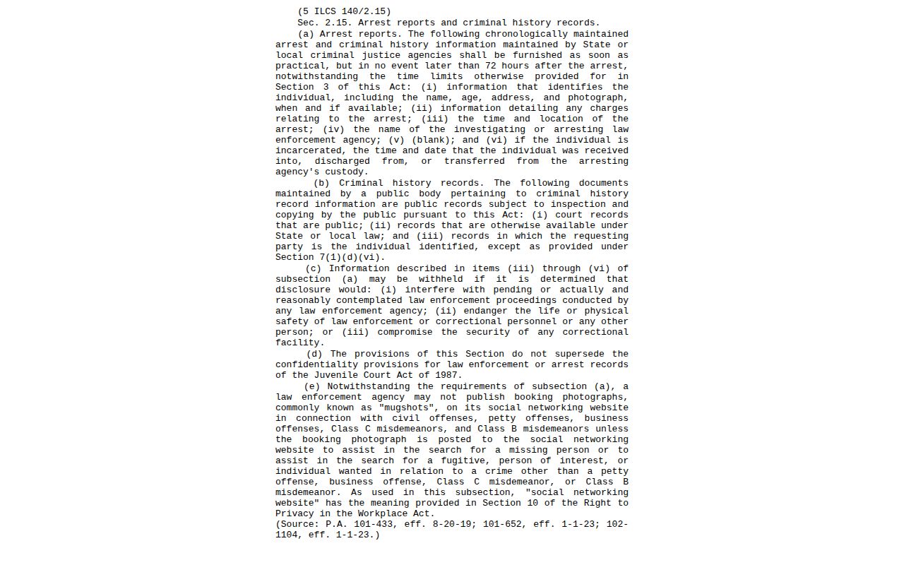 Illinois law governing arrest reports and booking-photo publication