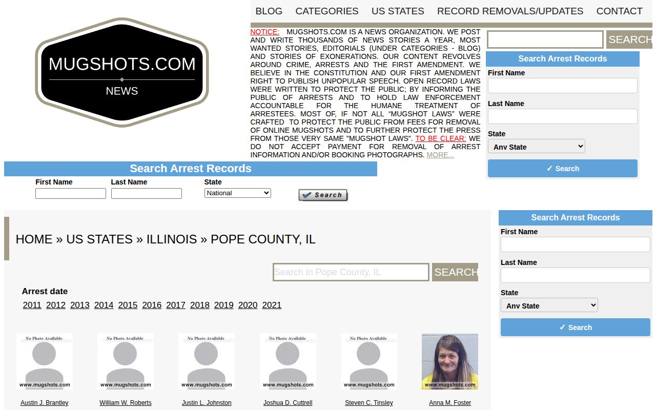 Unofficial Pope County Illinois historical arrest archive page